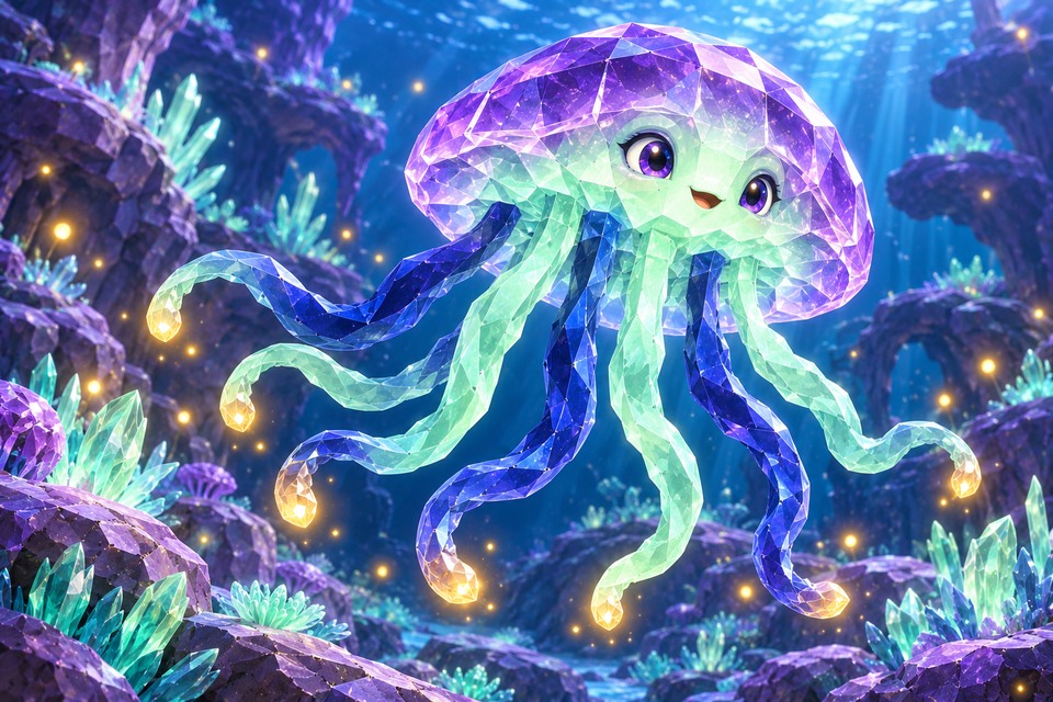 Lantern Jelly in an illustrated alien habitat from the Intergalactic Zoo game